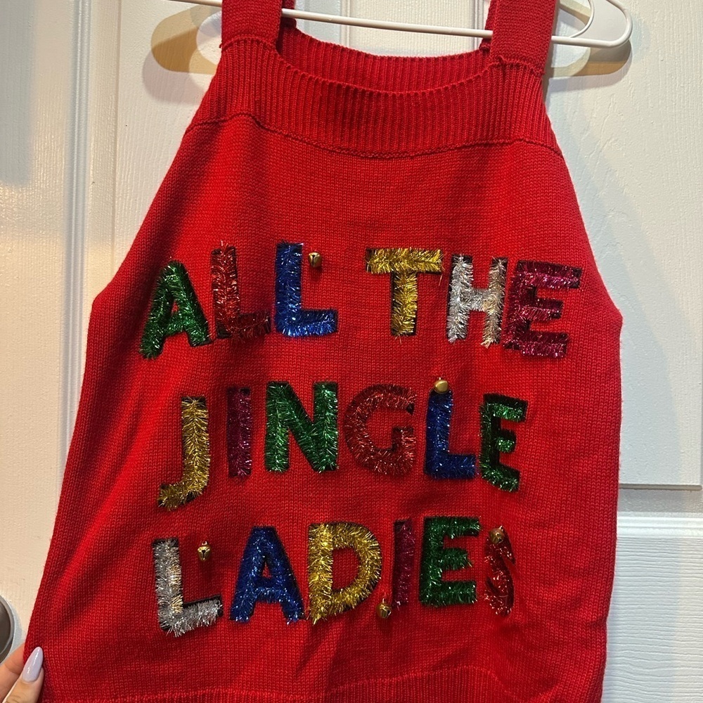 Festive “All The Jingle Ladies” Christmas Red Cold-Shoulder Sweater Size Small - Picture 4 of 8
